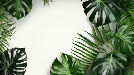 Creative tropical green leaves layout. Nature spring concept. Flat lay. Monstera and palm exotic leaves. Top view. Generative AI