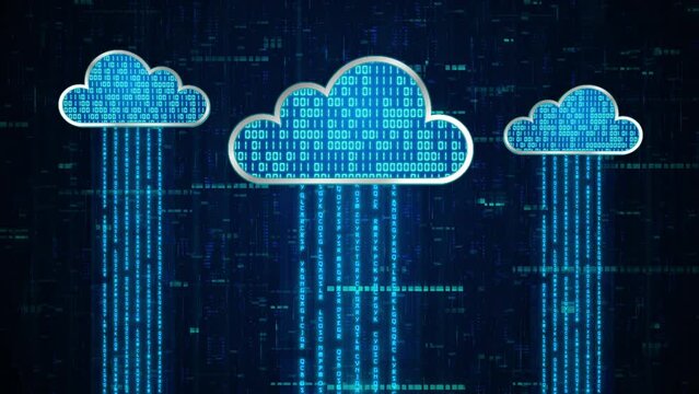 3D blue 3 cloud system with binary code encryption, Data upload download to cloud system, Privacy security protection network encode decode online access concept