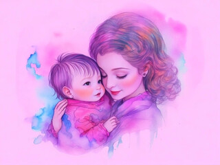 Obraz na płótnie Canvas watercolor illustration cute baby girl with mother and generated by AI