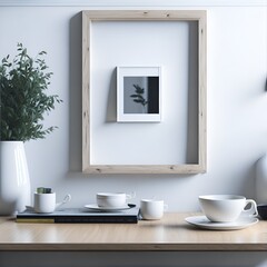 Breakfast still life. Cup, books and empty picture frame mockup on wooden desk, table. Vase with olive branches. Elegant working space, home office concept. Scandinavian interior design. AI Generation