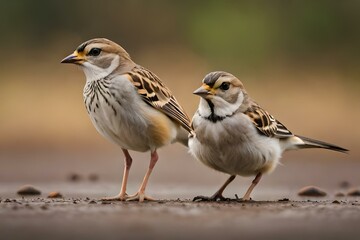 A flock of sparrows foraging on the ground, hopping and chirping in their busy search for food - Generative AI Technology