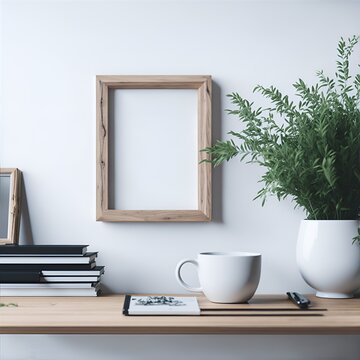 Breakfast still life. Cup, books and empty picture frame mockup on wooden desk, table. Vase with olive branches. Elegant working space, home office concept. Scandinavian interior design. AI Generation © Louis