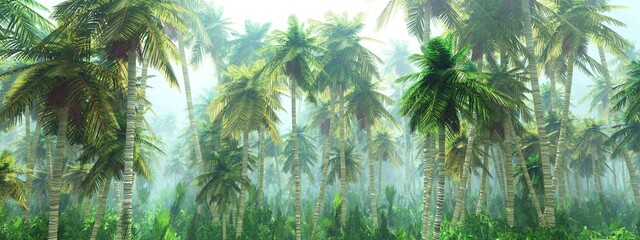 Obraz premium Jungle, beautiful rainforest in the fog, palm trees in the haze, jungle in the morning in the fog, 3D rendering