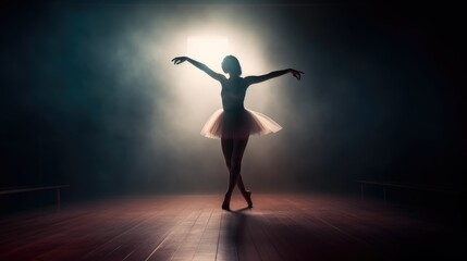 Female ballet dancer silhouette in spotlight beam dark background, prima ballerina assoluta dancing on stage of theater, smooth movements of ballet woman performer in white tutu dress, generative AI