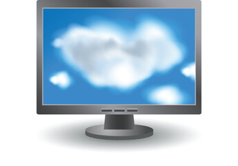 Cloud shape cut out from a computer monitor with a view of the clouds in the sky. Cloud computing abstract concept. Vector illustration.