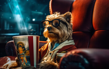Funny Yorkshire Terrier in Glasses and Clothes Enjoying Movie Night with Popcorn - Generative AI