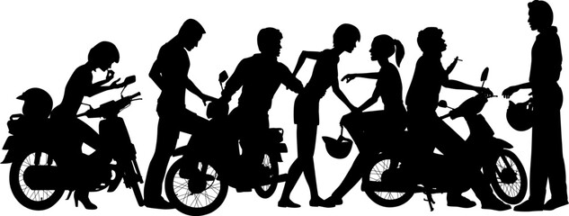 Editable vector silhouettes of a young motorcycle gang with all people and scooters as separate objects