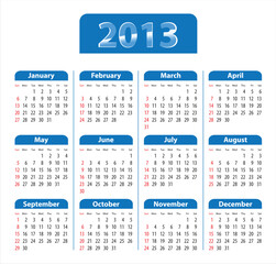 Blue glossy calendar for 2013. Sundays first. Vector illustration