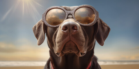 Obraz na płótnie Canvas Sunny Smiles: Labrador Retriever Dog with Funny Expression in Sunglasses on the Beach. Generative AI