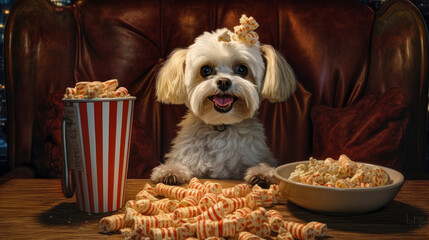 photo of sitting on a couch Dog holding popcorn and snacks is watching movies, theatrical, luxurious. Generative AI