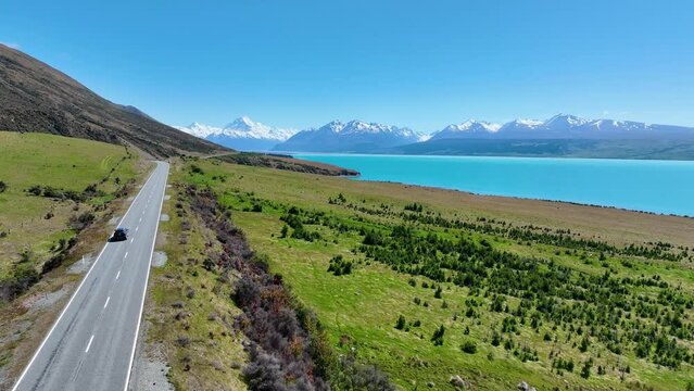 The mountain landscape view of blue sky background over Aoraki mount cook national park,New zealand