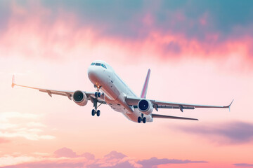 Fototapeta na wymiar Airplane is flying in colorful sky at sunset. Landscape with white passenger airplane, purple sky with pink clouds. Aircraft is landing. Business trip. Commercial plane. Travel. Generative AI