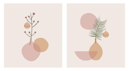Modern Abstract Christmas Cards. Trendy New Year Holiday Print. Vector illustration in hand drawn Minimalist Style. Christmas Tree Branch in Vase
