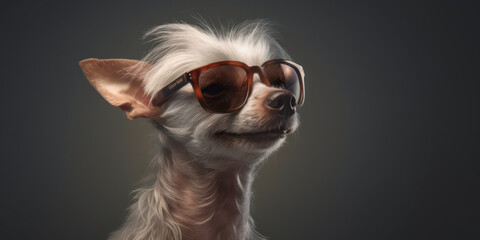 Sunny Smiles: Funny Chinese Crested Dog with a Happy Expression on grey studio background. Generative AI