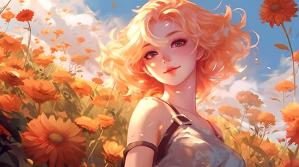 Obraz na płótnie Canvas hand drawn illustration of a girl in beautiful flowers 