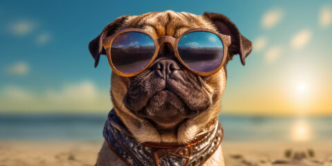 Fototapeta na wymiar Fun in the Sun: Adorable Brussels Griffon Dog Poses with Sunglasses on the Beach. Generative AI