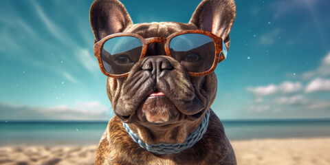 Fototapeta na wymiar Coastal Companion: Cute French Bulldog Poses with Sunglasses on the Beach. Generative AI