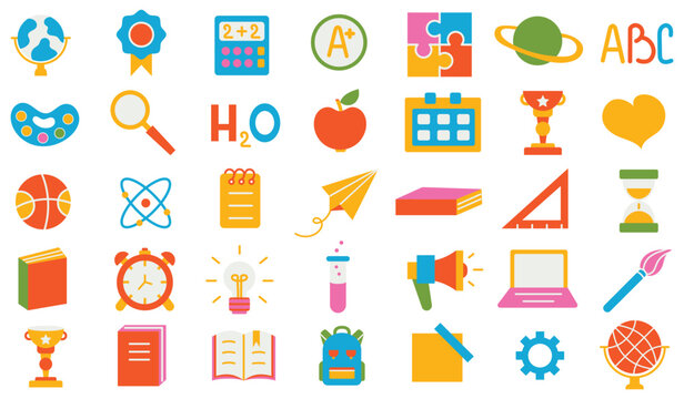 Back to school. A set of flat icons of stationery for studying at school. Collection of isolated education colorful kids accessory. vector object stuff design. cartoon graphic patch element children