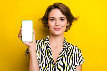 Fototapeta Portrait of adorable lovely lady wear trendy clothes showing empty space modern device display isolated on yellow color background obraz