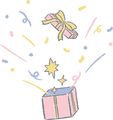 Gift box, simple hand-drawn illustration of a present opening and glitter popping out. / ギフトボックス、プレゼントが開いてキラキラが飛び出しているシンプルな手描きのイラスト