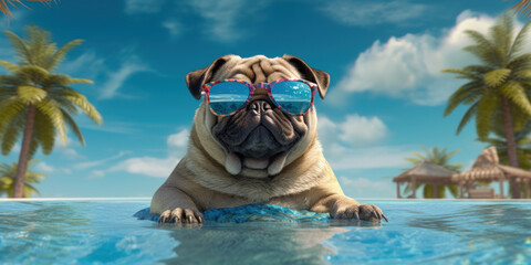 Sunny Side Up: Funny-Faced Pug Dog Rocking Sunglasses, Spreading Happiness on the Summer Beach. Generative AI