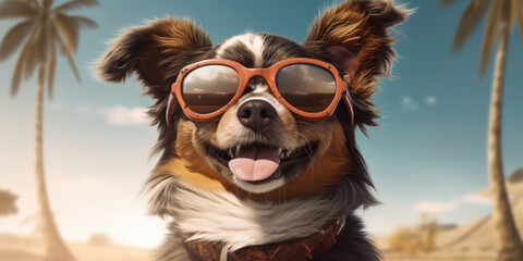 Summer Chuckles: Cute Papillon Dog in Sunglasses Delights on the Sandy Beach. Generative AI.