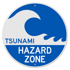 Blue Rounded Sign with Tsunami Danger Information and Wave