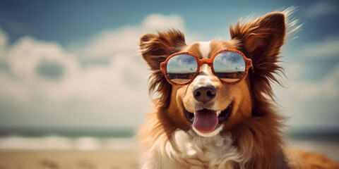 Summer Chuckles: Smiling Shetland Sheepdog Dog with a Playful Spirit, Enjoying the Beach Scene. Generative AI
