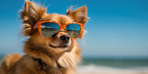 Pawsitively Adorable: Dog in Sunglasses Strikes a Pose on the Beach. Generative AI