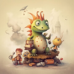 Cute Dragons, Childrens Book Illustration, Generative AI