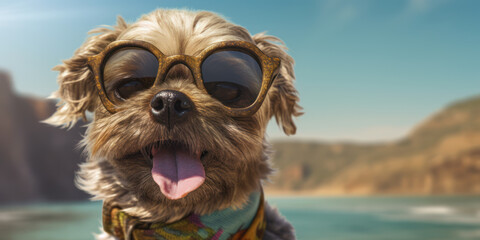 Hilarious Expression: Funny-Faced Brussels Griffon Dog in Sunglasses on the Beach. Generative AI