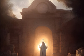 empty tomb at sunrise. Ancient religious temple. Mythical world. generative AI