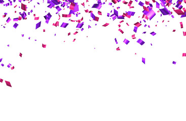 Falling purple cut out foil ribbon confetti background with space for text.