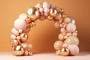 3D background with pastel gold glitter balloons stage, product presentation backdrop. AI generated.