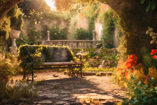 Beautiful and atmospheric illustration with bench in medieval garden. Empty space for character. Cinematic, volumetric light, realistic environment made with Generative AI