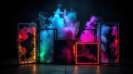 vibrant frame neon multi color lamps and lights with dark black smoke background, Wallpaper, Generative AI