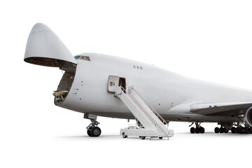 Wide body cargo airliner with an open nose hatch isolated on transparent background
