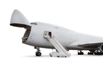 Wide body cargo airliner with an open nose hatch isolated on transparent background