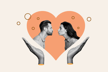 Creative abstract template graphics collage image of arms tacking care first kissing couple isolated beige color background