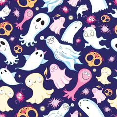 seamless pattern of a funny ghost on a dark background