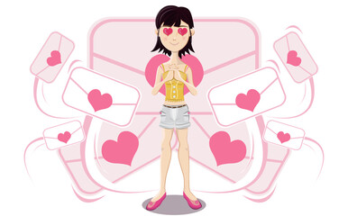 Illustration of young girl fall in love waiting love letter