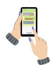 Hands with smartphone. Girl holding phone and chatting with friend. Send online message on social network. Internet communication on site. Cartoon flat vector illustration isolated on white background