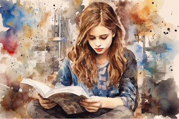 Girl reading celebrating world book day watercolor impression. AI generative