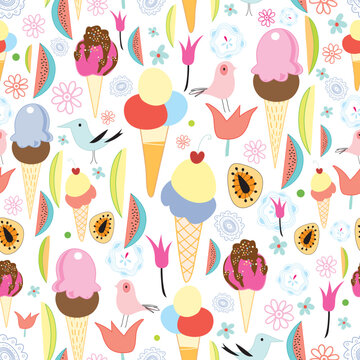 seamless pattern of bright fruit and ice cream on a light background with birds