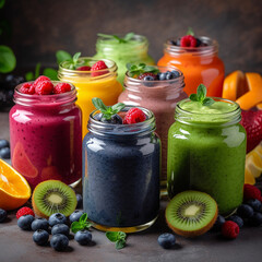 Healthy smoothies with fresh berries, blueberries, kiwi and orange