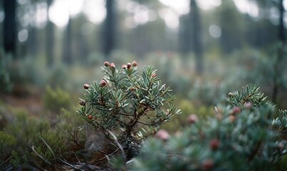  a small pine tree in the middle of a forest filled with pine cones.  generative ai