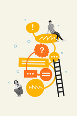 Vertical placard composite collage 3d picture two people colleagues together speaking discussion climb ladder isolated on beige background