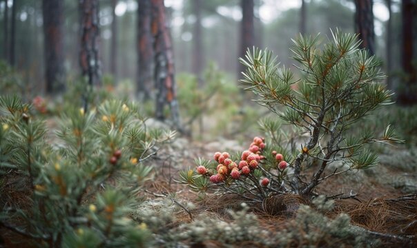  a small pine tree in the middle of a forest filled with pine cones.  generative ai