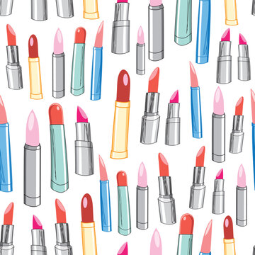 seamless pattern of bright lipstick on a white background