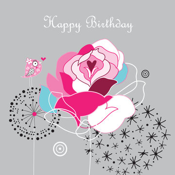 graphical greeting card with a rose and a bird on a gray background